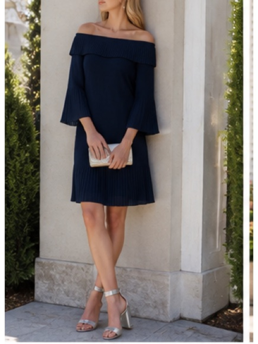 Ted Baker Bardot dress navy pleated excellent TB Size 2  US Size 6